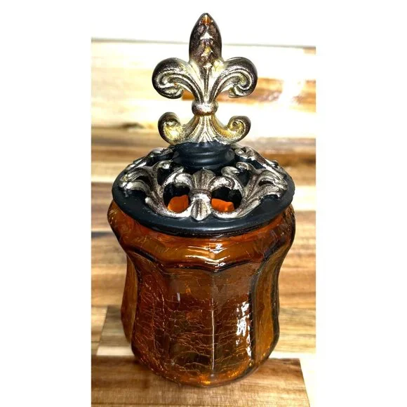 Decorative Amber Crackle Glass Canister With Fluer-de-lis Lid - Picture 4 of 13